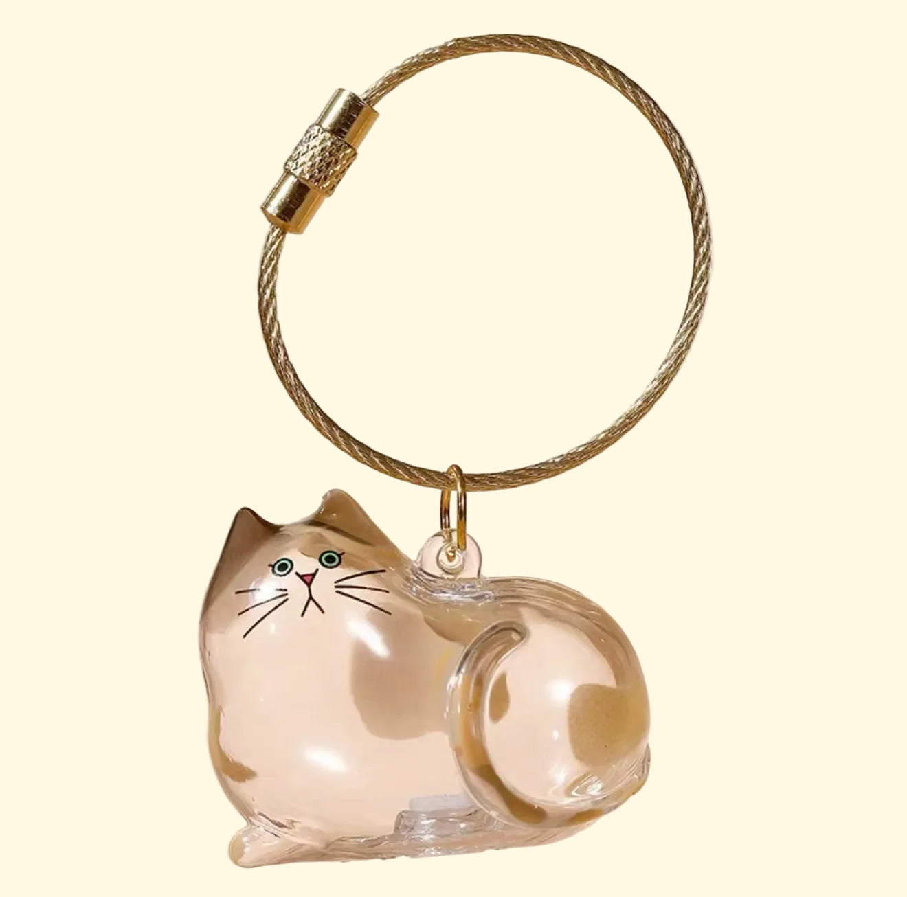 Clear cat-shaped keychain on a beige background